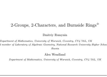 The front cover of a paper with myself and Dmitriy Rumynin titled '2-Groups, 2-Charracters and the Burnside ring'